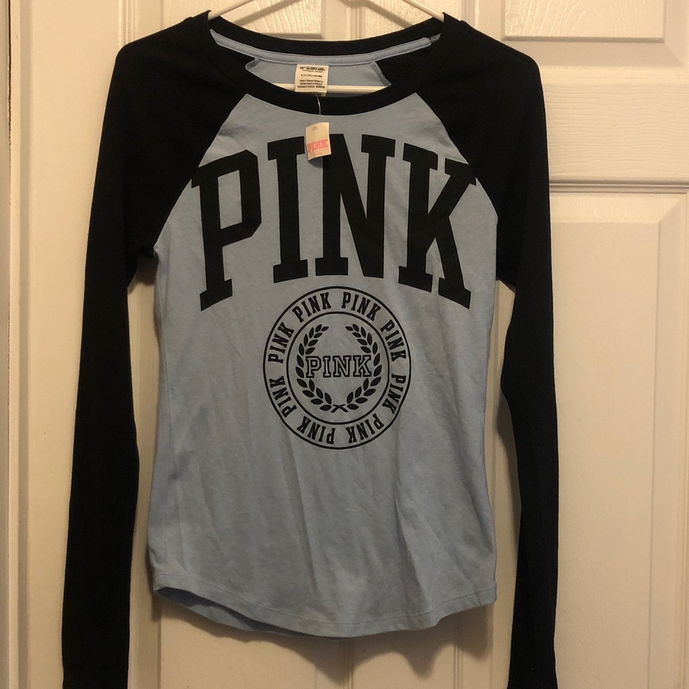 PINK Victoria's Secret Light Blue and Black Raglan Long-Sleeve Tee
